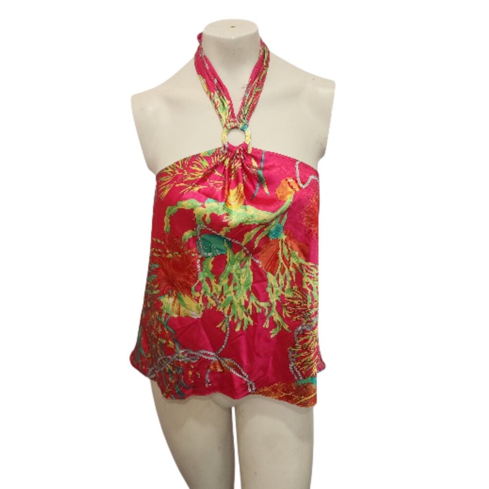 Kemp & Company Lifestyle Silk Halter‎ Top Size 14 Pink Tropical Floral 100% Silk